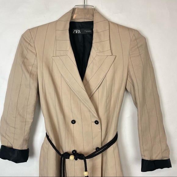 ZARA Woman’s CAMEL STRIPED Tassel BELTED Longline BLAZER Jacket Size XS - Picture 4 of 9